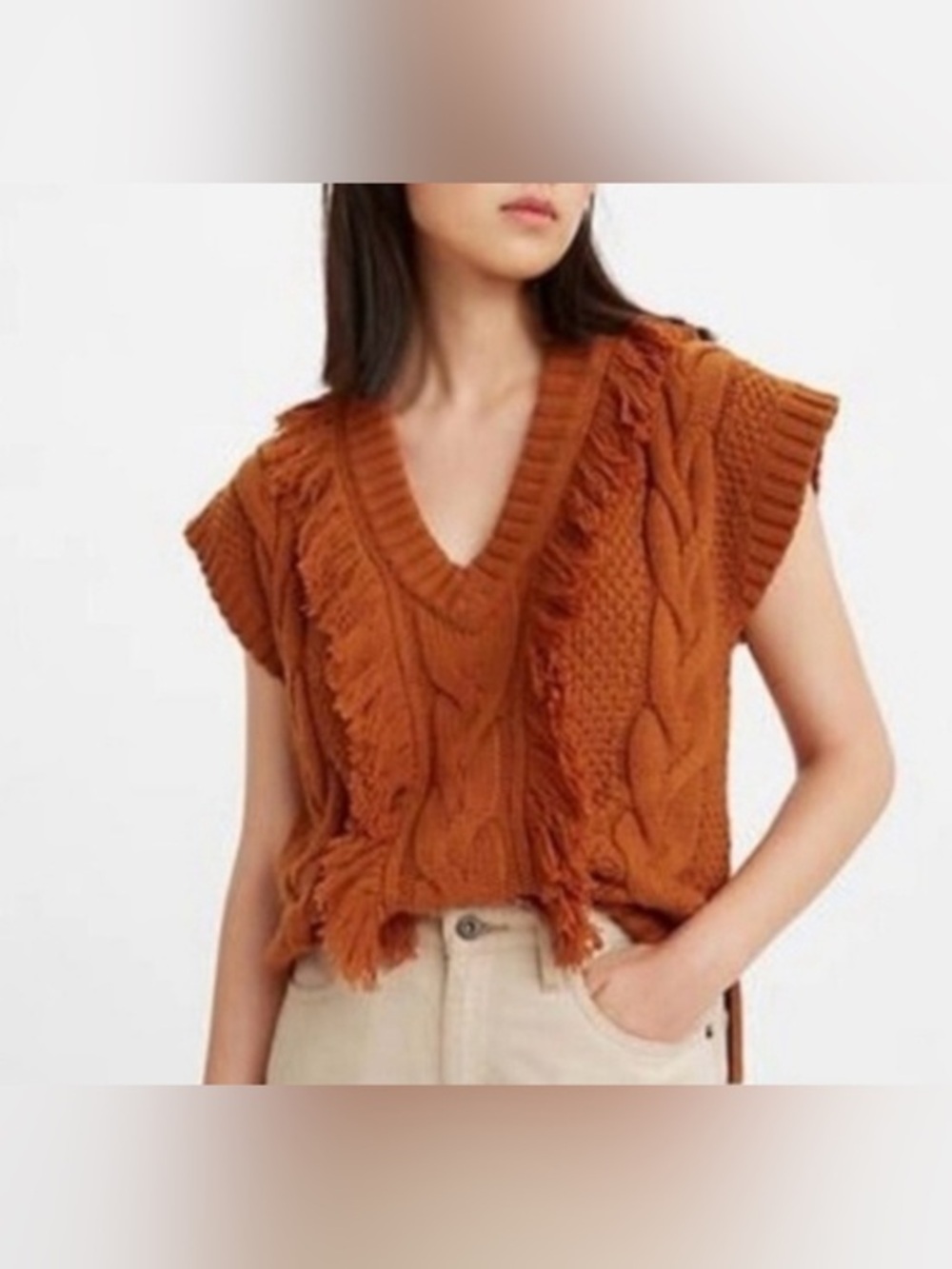 Levi's Rust Cable-Knit Fringe V-Neck boho cottagecore Sweater Vest